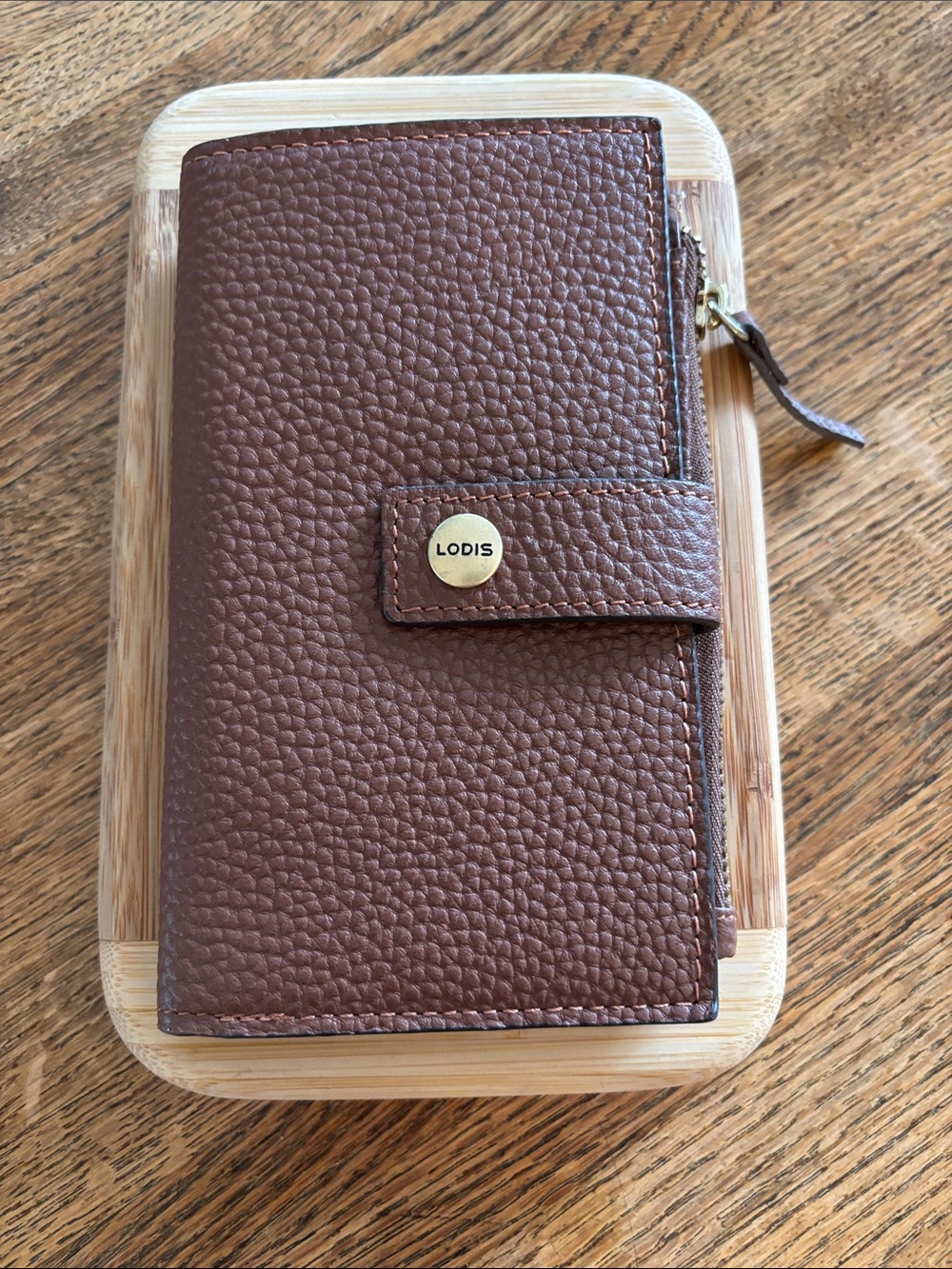 NWOT Lodis Pebbled Leather Organizer Wallet in Chestnut Brown with Gold Accent